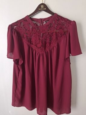torrid Burgundy Lace Yoke Flutter Sleeve Blouse
